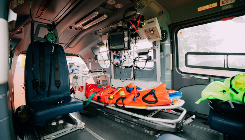 An air ambulance rescue helicopter operated by Dela World Charter fitted with life-support and stretcher.