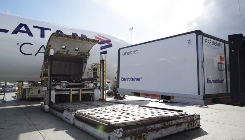 Temperature controlled air cargo loaded onto an aircraft by Dela World Charter.